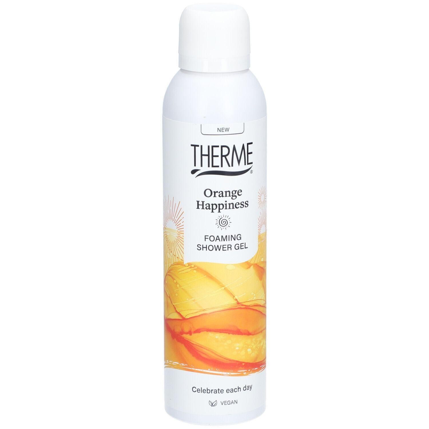 Mousse de douche Therme Orange Happiness dans une boîte blanche avec un design de tranches d'orange.