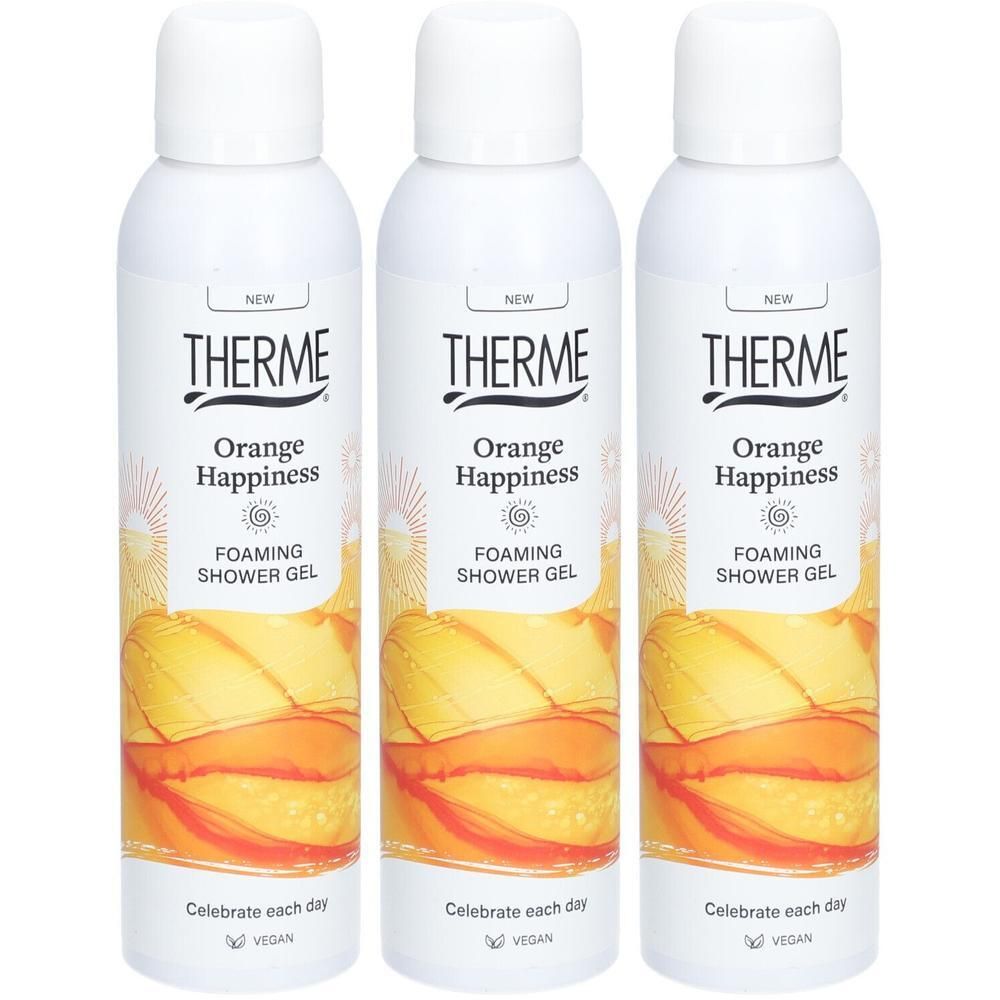 Trois flacons blancs Therme Orange Happiness Mousse de Douche avec motif orange.