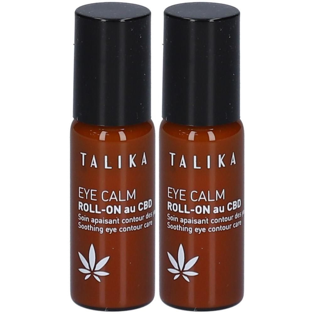 Twee Talika Eye Calm Roll-ons met CBD. Bruine flesjes met zwarte dop en bladmotief.