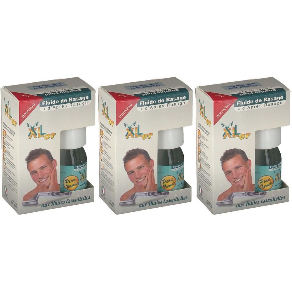 Trois boîtes de fluide de rasage et après-rasage XL'Or. Chaque boîte présente un homme à la peau lisse.
