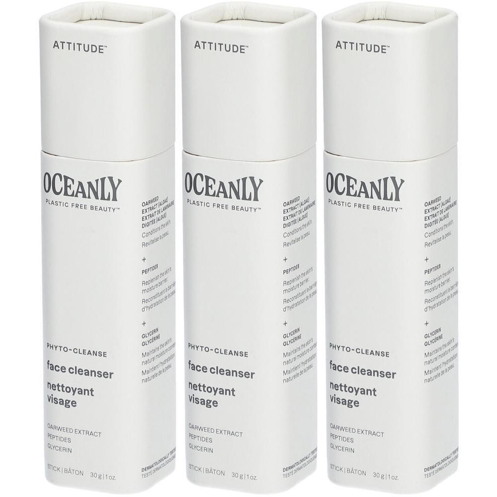 Drie witte houders Attitude™ Oceanly™ Phyto-Cleanse Gezichtsreiniger. Plasticvrije schoonheid.