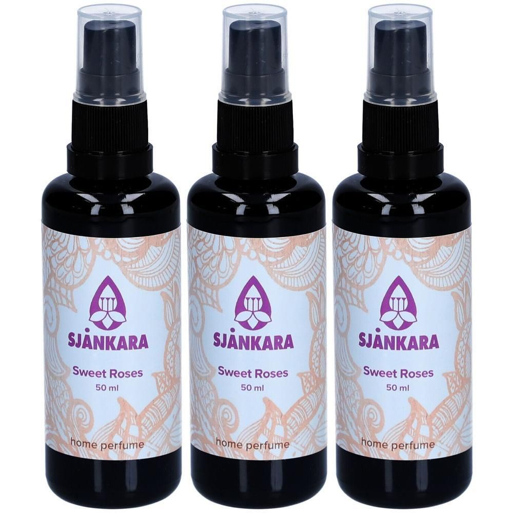 Drie flessen Sjankara Sweet Roses Home Perfume, elk 50 ml.
