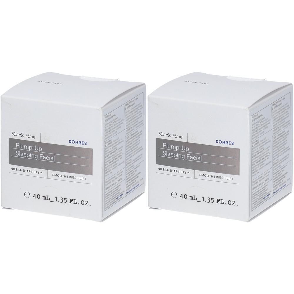 Deux boîtes de Korres Black Pine Plump-Up Sleeping Facial, 40 ml chacune.
