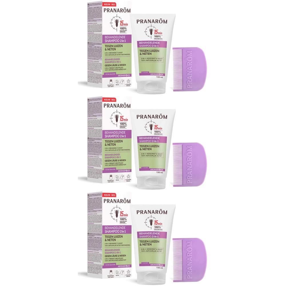 Drie verpakkingen Pranarom Aromapoux Shampoo 2in1 met luizenkam. Witte tube met paarse dop.