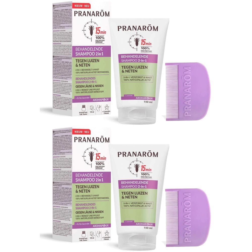 Deux flacons de shampoing anti-poux Pranarom avec peigne. 150 ml.