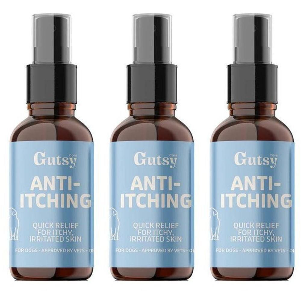 Trois flacons Gutsy Anti-Grattage en verre brun avec étiquette bleue.
