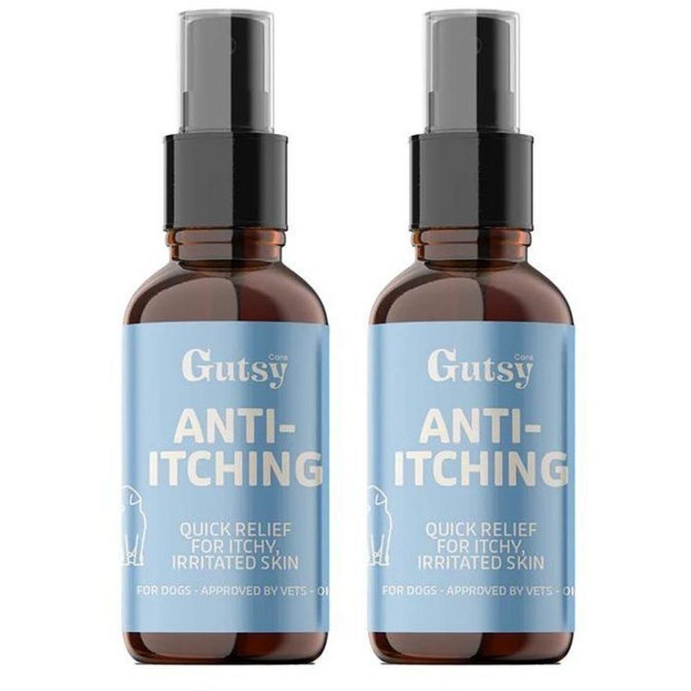 Deux flacons Gutsy Spray Anti-Grattage avec étiquettes promettant un soulagement rapide pour la peau irritée.