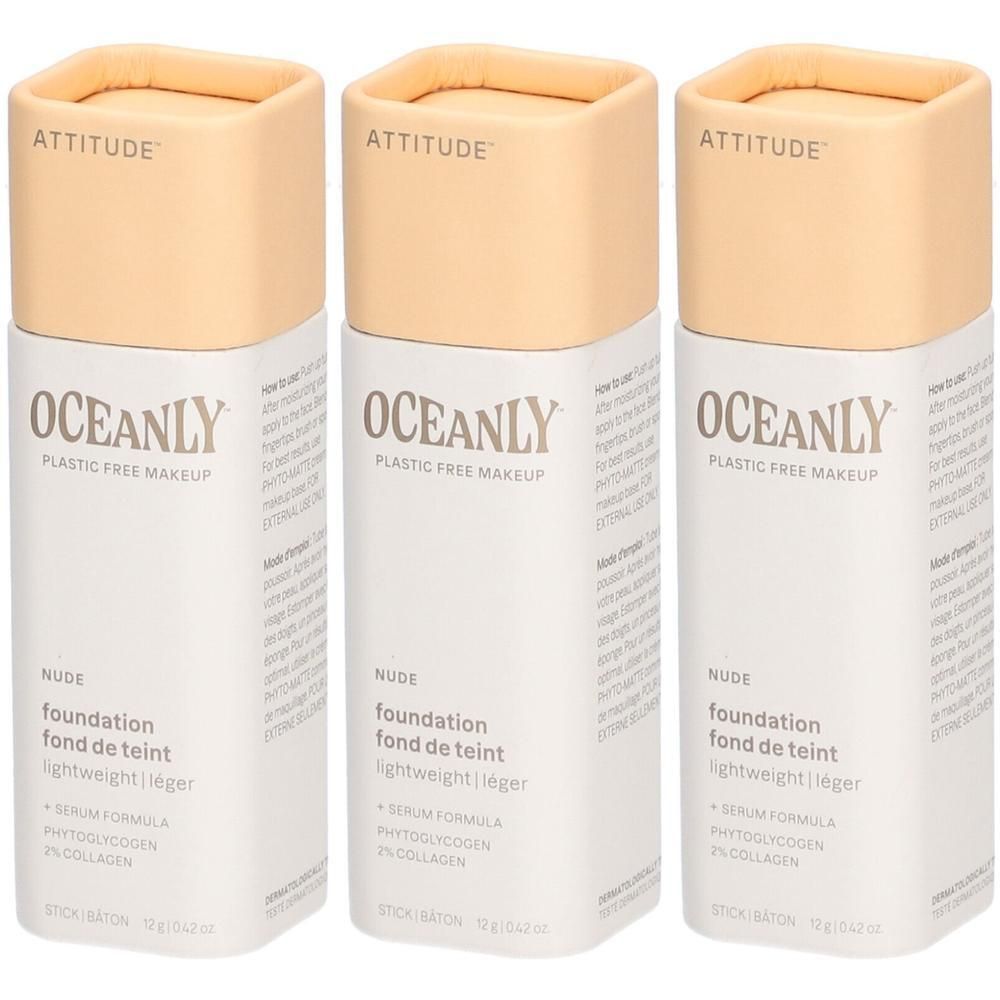 Trois sticks de fond de teint Attitude Oceanly Nude dans un emballage blanc avec des capuchons beiges.