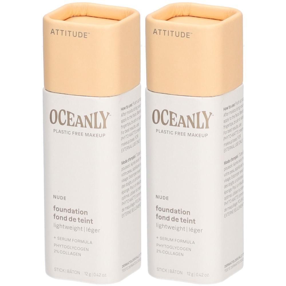 Deux sticks de fond de teint Attitude Oceanly Nude. Emballage maquillage sans plastique avec capuchons beiges.