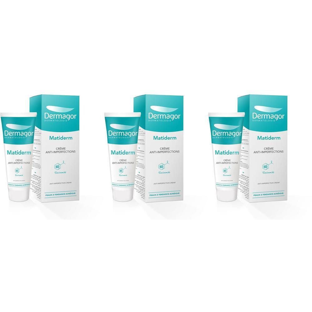 Trois tubes et boîtes de crème Dermagor Matiderm Anti-Imperfections.