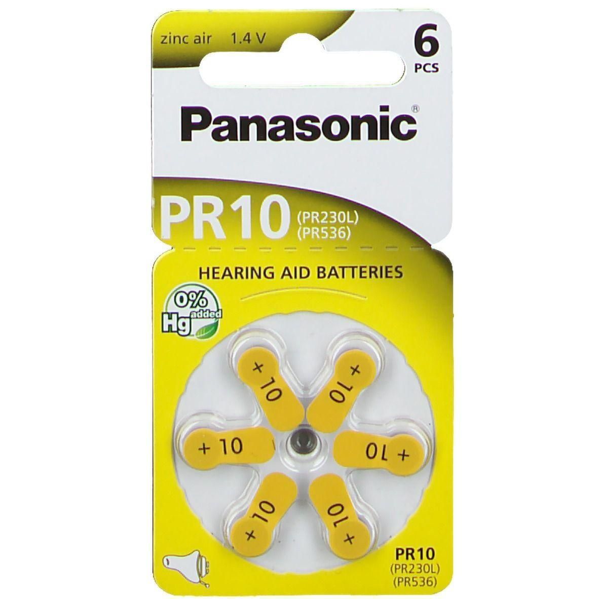 Piles auditives Panasonic PR10, 6 pièces, zinc-air, 1,4 V, 0% mercure.