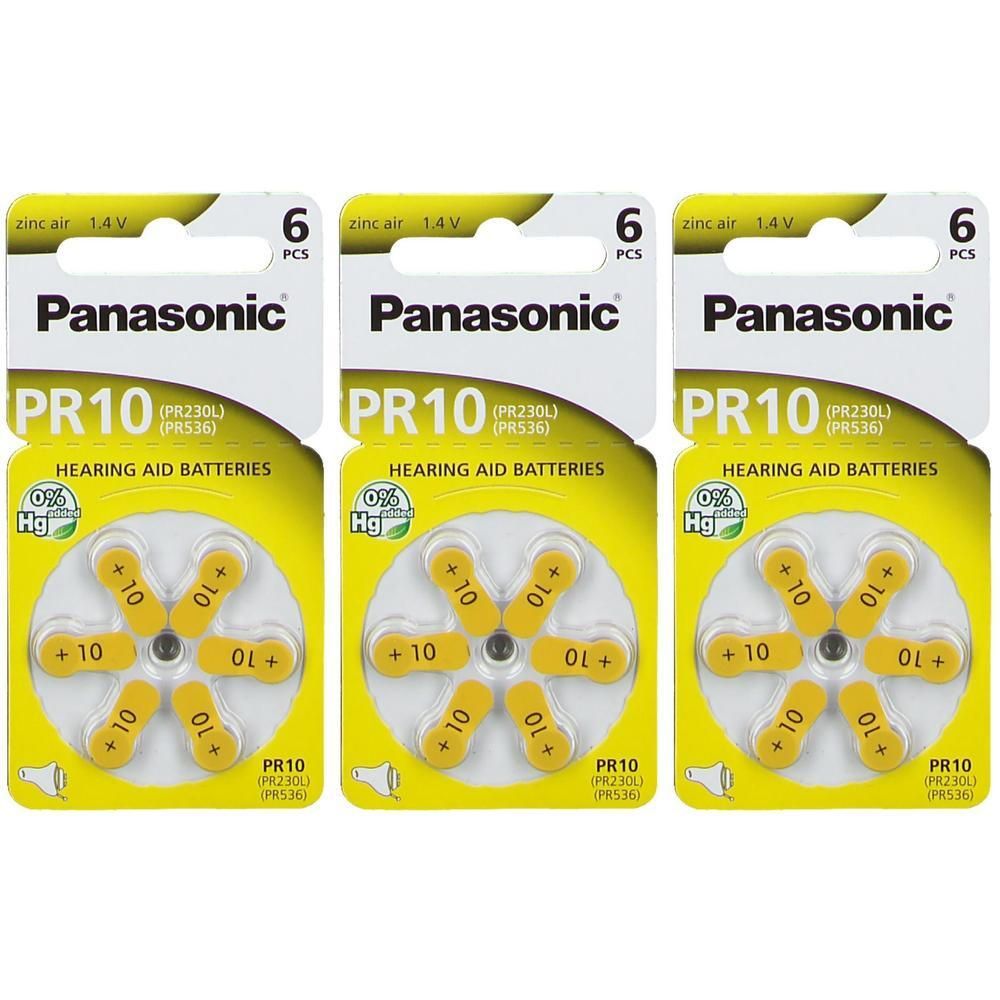 Trois paquets de piles auditives Panasonic PR10, 6 piles par paquet. Piles jaunes marquées "+10".