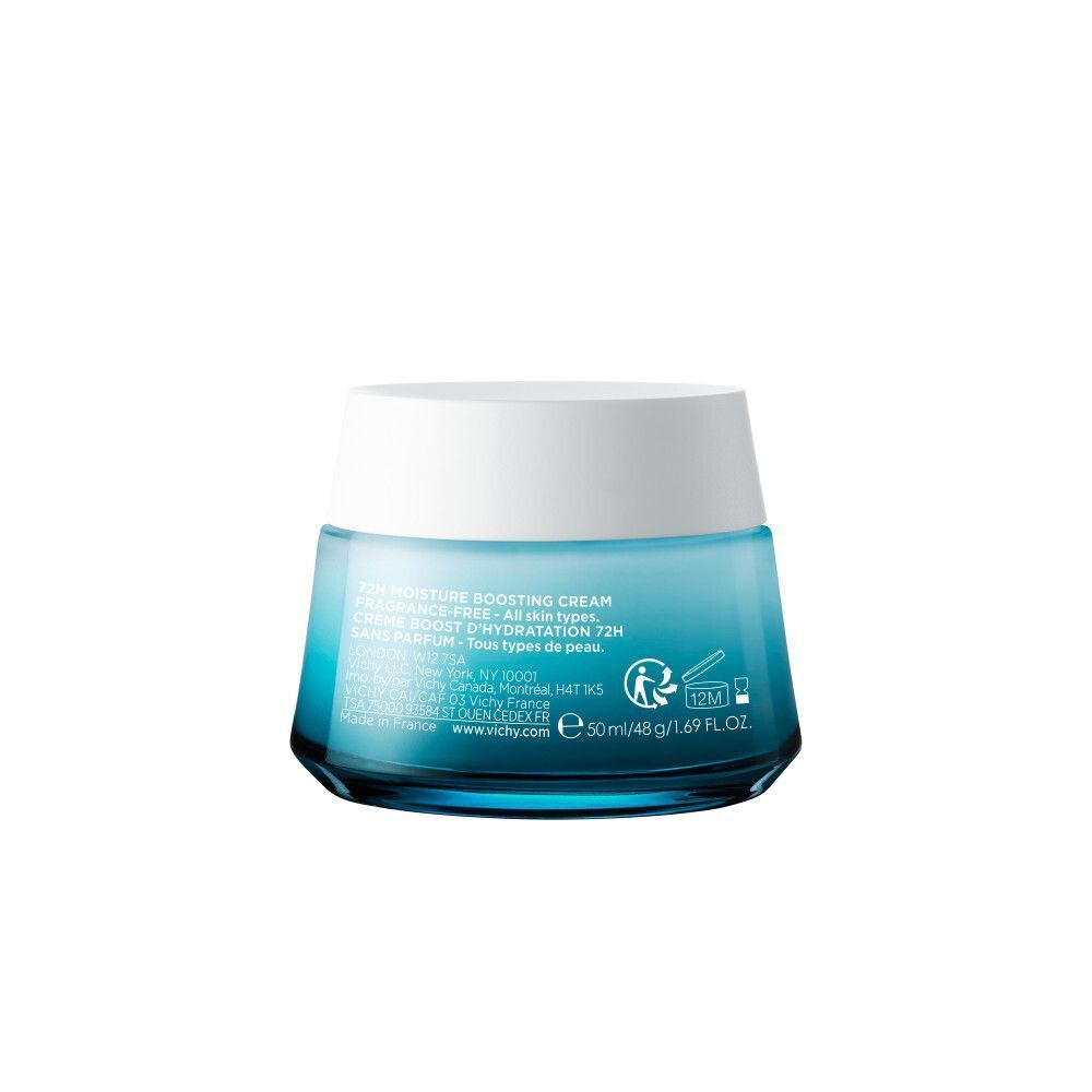 Arrière d'un pot de crème hydratante Vichy Minéral 89 avec informations produit.