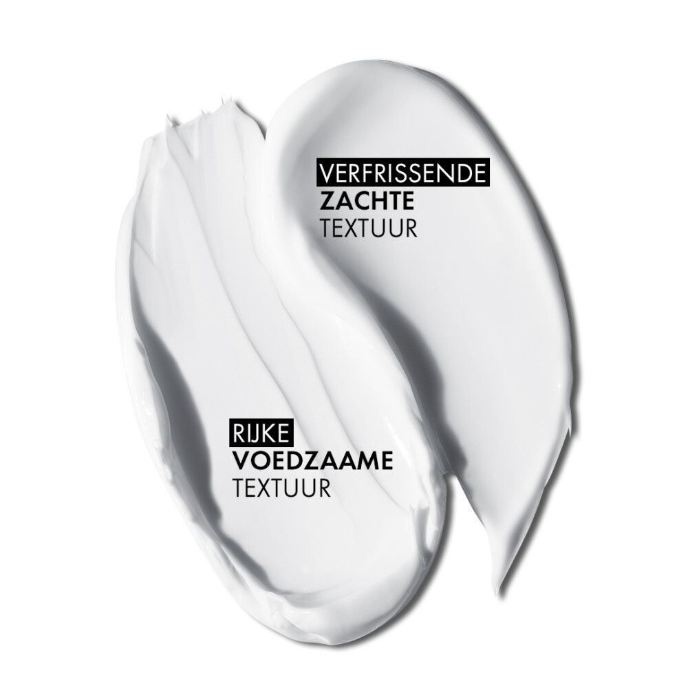Twee textuurstalen van Vichy Minéral 89 hydraterende crème. Labels: "Verfrissende zachte textuur", "Rijke voedzame textuur".