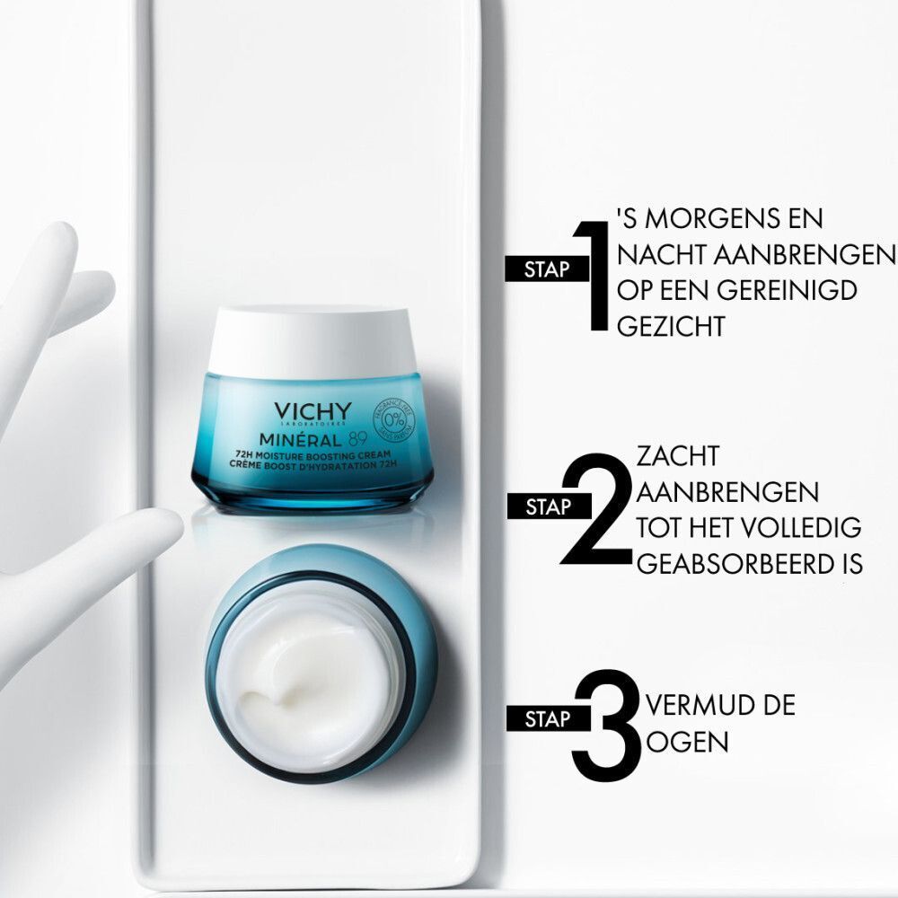 Vichy Minéral 89 hydraterende crème potje en open potje. Stap-voor-stap instructies: "'s Morgens en 's nachts aanbrengen op een gereinigd gezicht", "Zacht aanbrengen tot het volledig geabsorbeerd is", "Vermijd de ogen".