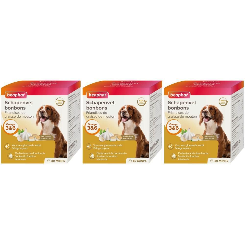 Trois paquets de Beaphar Friandises de Graisse de Mouton pour chiens avec Oméga 3 & 6.
