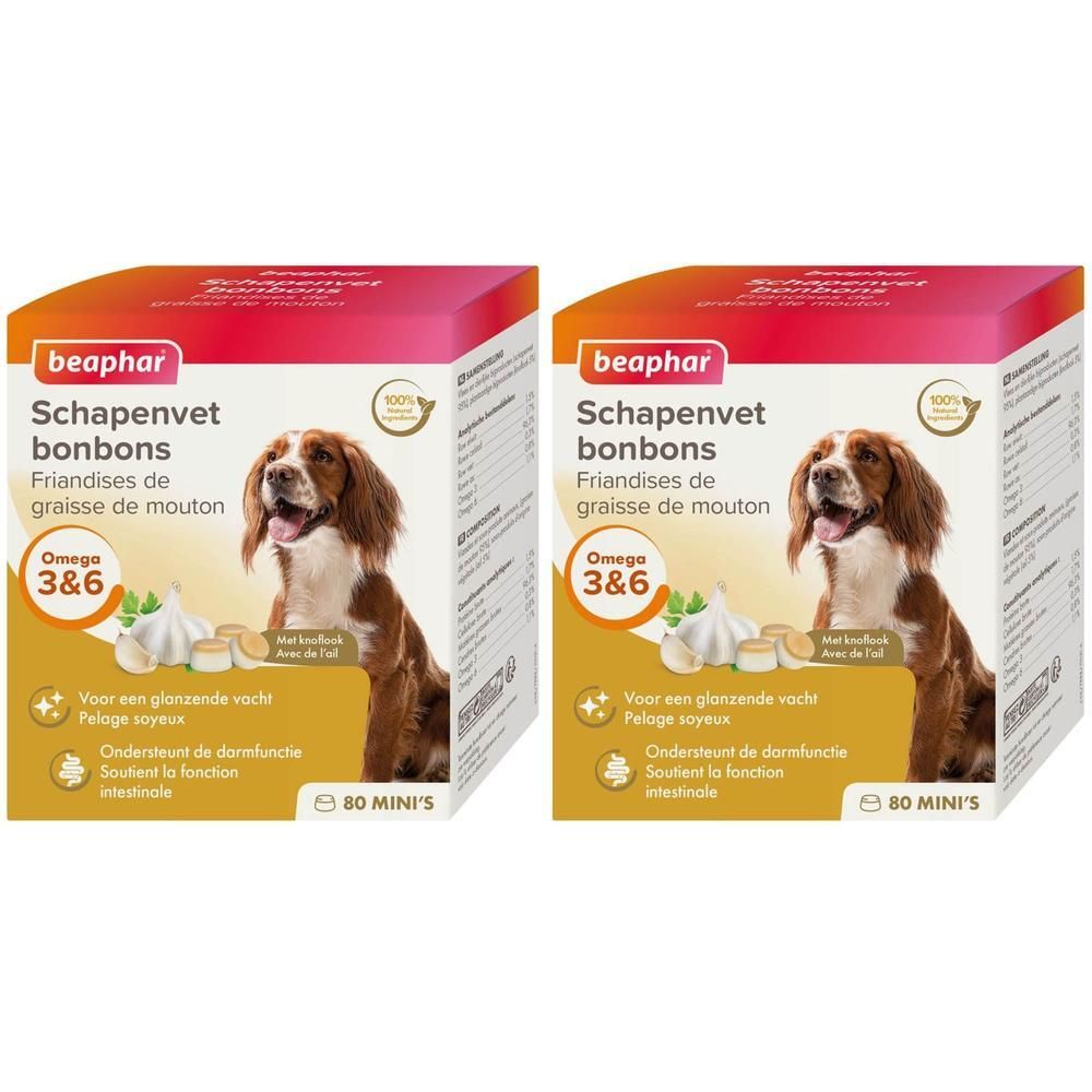 Twee pakken Beaphar Schapenvetbonbons voor honden met Omega 3 & 6 en knoflook.