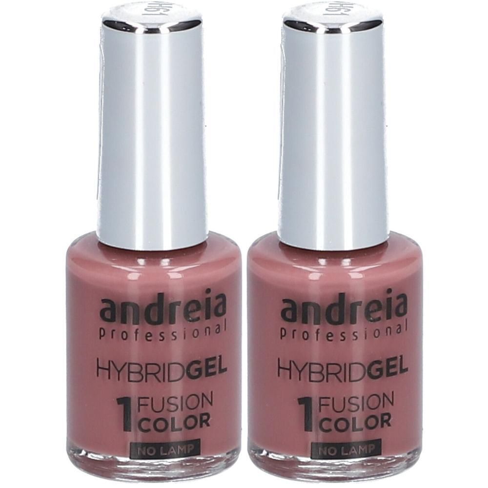 Deux flacons de vernis à ongles Andreia Hybridgel rose. "Fusion Color 1" et "No Lamp" sont visibles.
