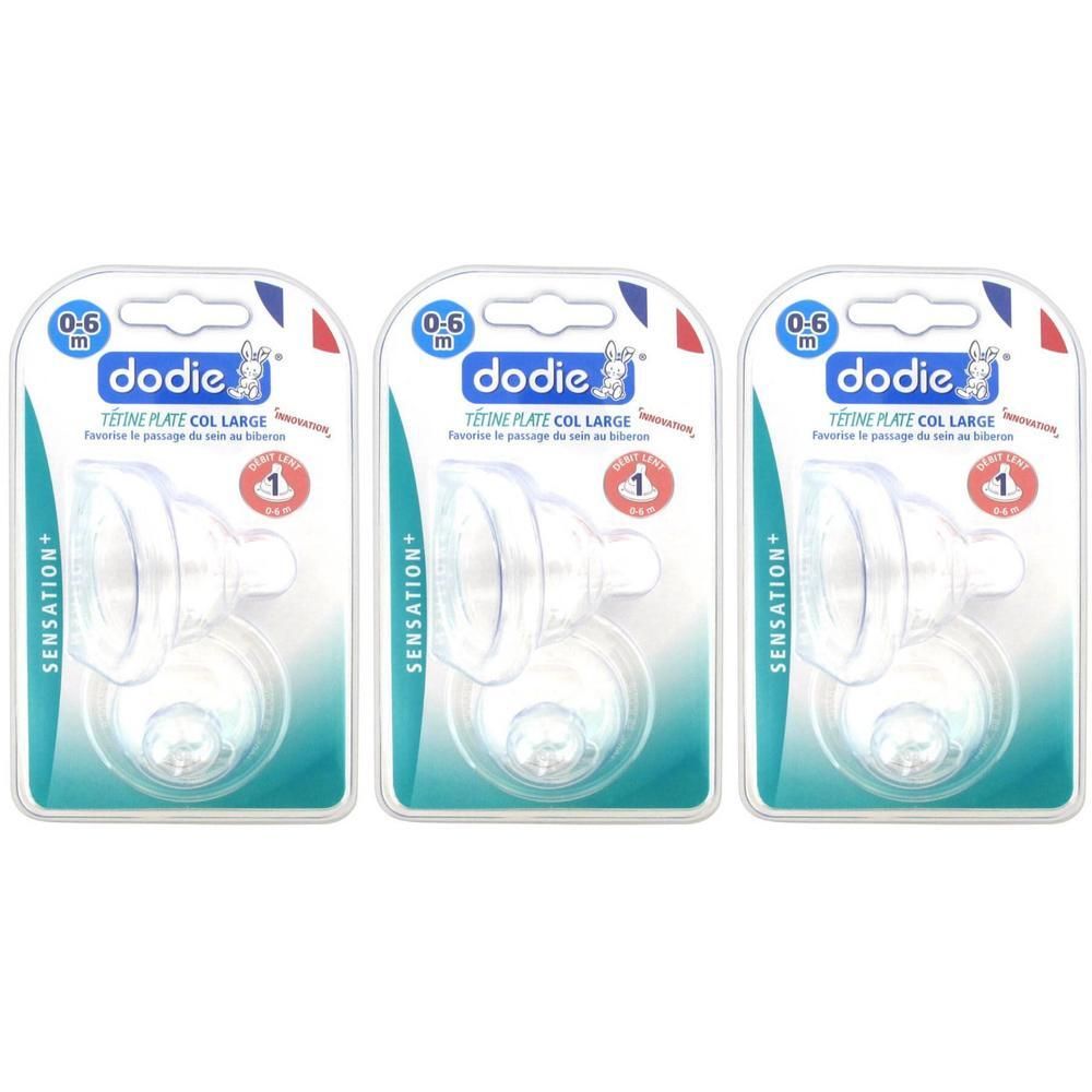 Trois tétines Dodie Sensation, taille 1, débit large, 0-6 mois.