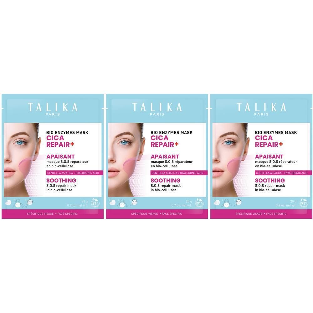 Drie Talika Bio Enzymes Cica Repair+ SOS Repair Maskers in Bio-Cellulose.