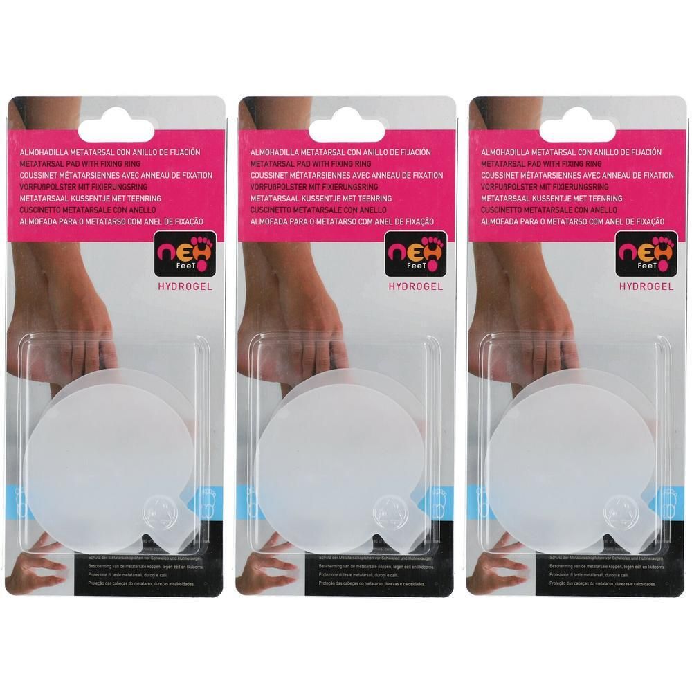 Trois paquets de coussinets métatarsiens ronds et blancs en hydrogel avec un trou au centre.