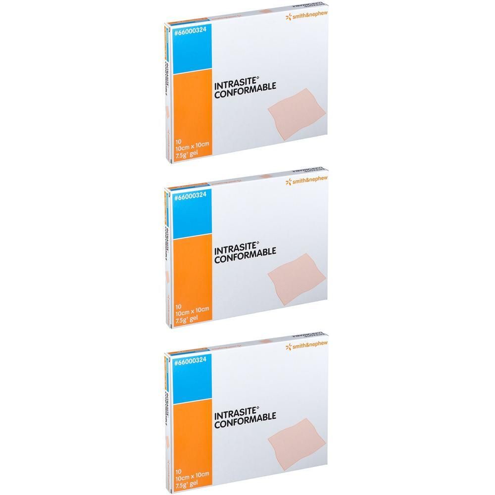 Drie pakken Intrasite Conform wondbedekking, elk 10cm x 10cm.