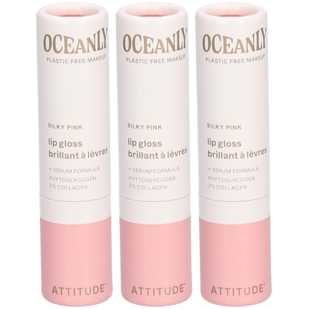 Drie roze lipgloss applicators met "OCEANLY" en "ATTITUDE" opschrift.