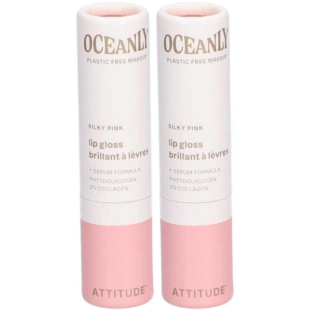 Deux brillants à lèvres Attitude Oceanly, teinte Silky Pink. Maquillage sans plastique.