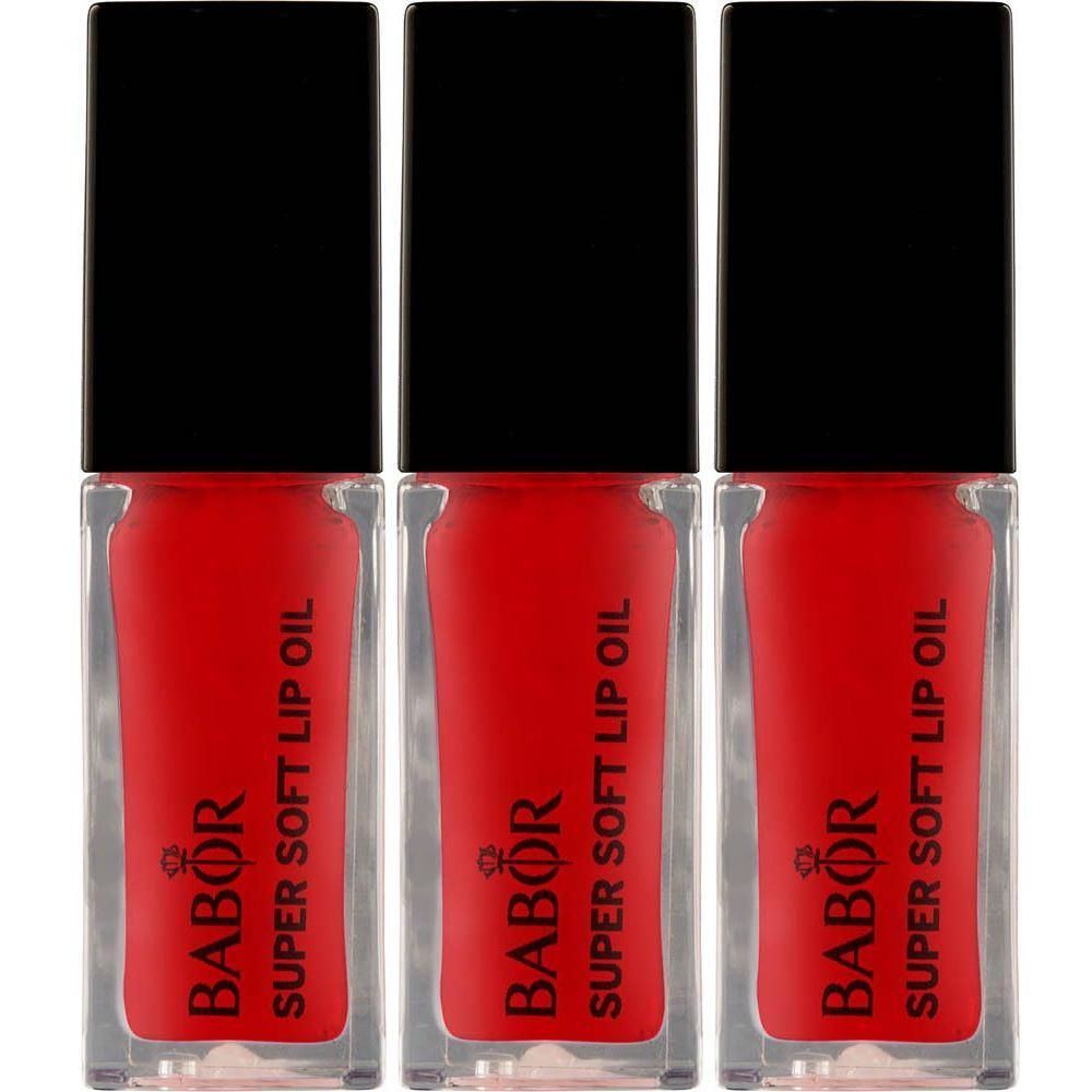 Trois flacons d'huile à lèvres Babor Super Soft Lip Oil teinte Juicy Red, avec bouchons noirs.