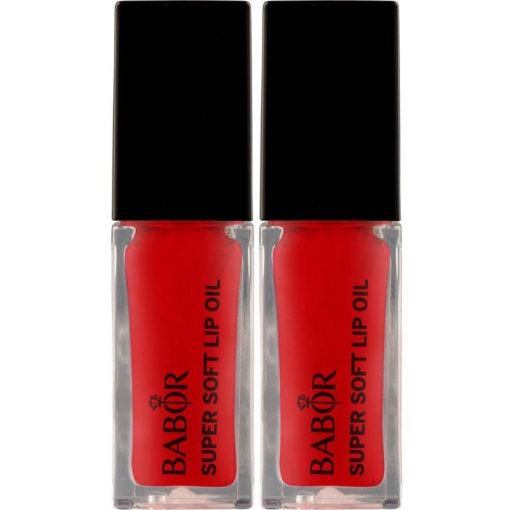 Deux flacons d'huile à lèvres Babor Super Soft Lip Oil Juicy Red avec bouchons noirs.