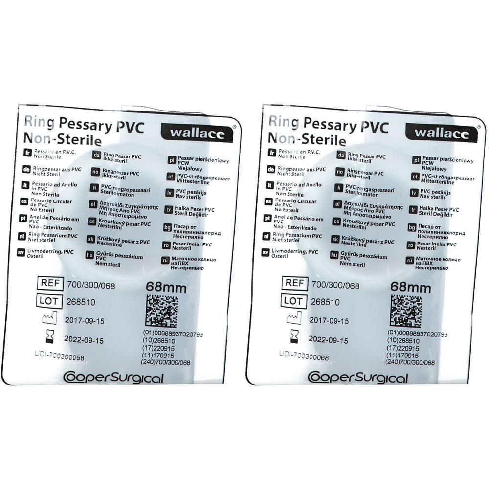 Deux emballages de Pessaire Annulaire PVC, diamètre 68mm, non stérile. Marques: Wallace, Cooper Surgical.