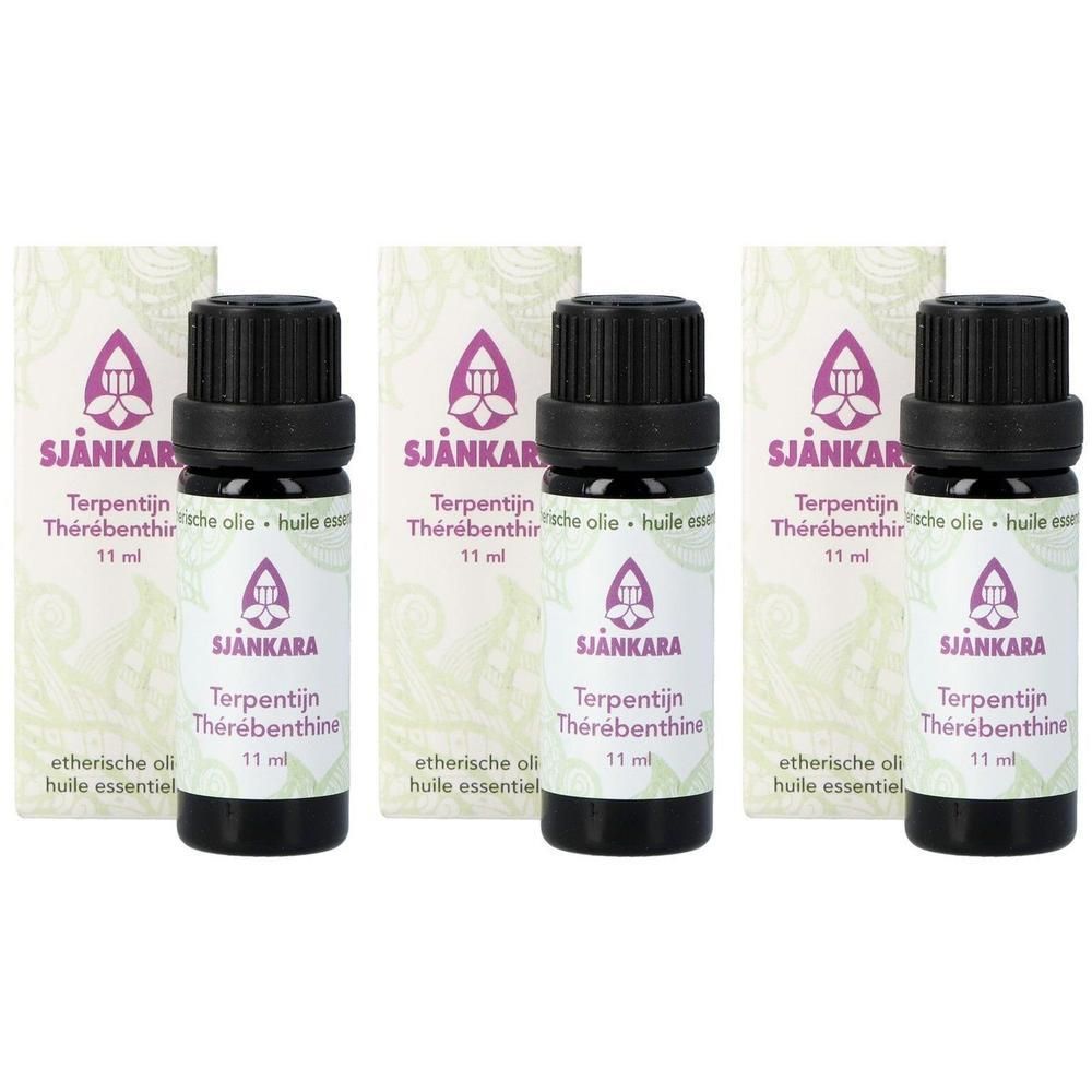 Drie flacons Sjankara terpentijn etherische olie, elk 11 ml.
