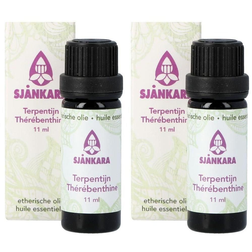 Deux flacons d'huile essentielle de térébenthine Shankara, 11 ml chacun.