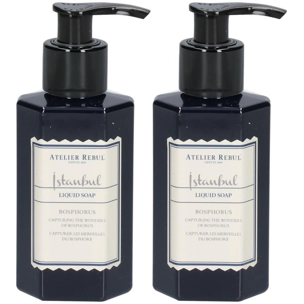 Twee donkerblauwe handzeepdispensers met etiket 'Atelier Rebul Istanbul Bosphorus'.