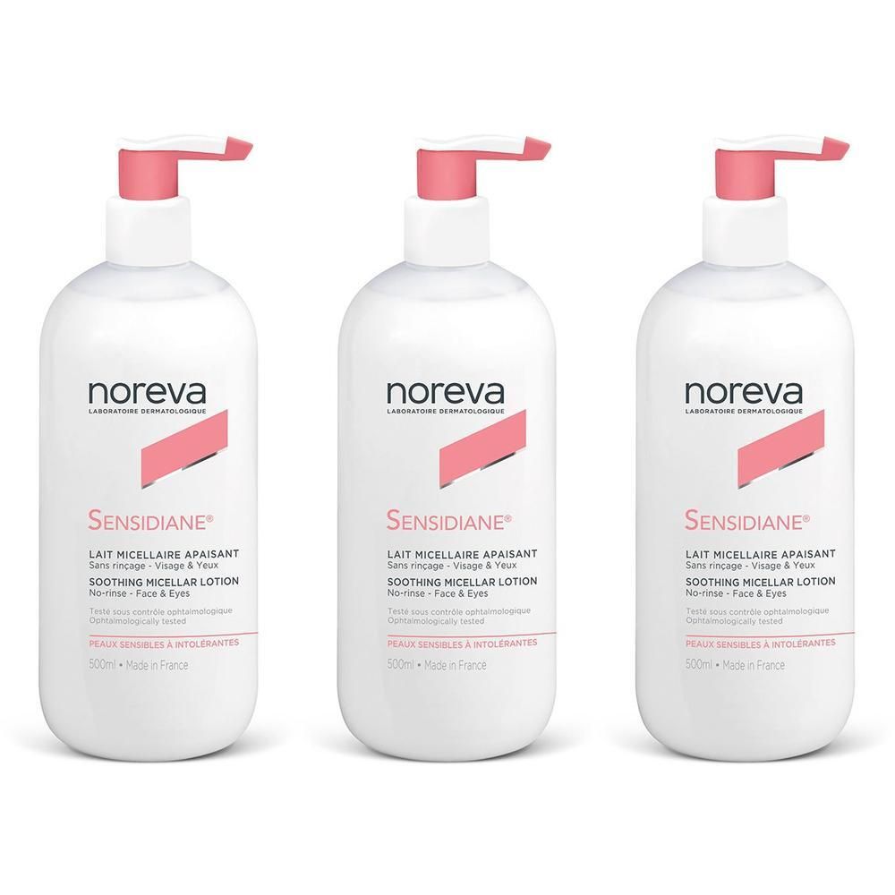 Trois flacons Noreva Sensidiane avec pompes. Flacons blancs avec accents roses et informations produit.