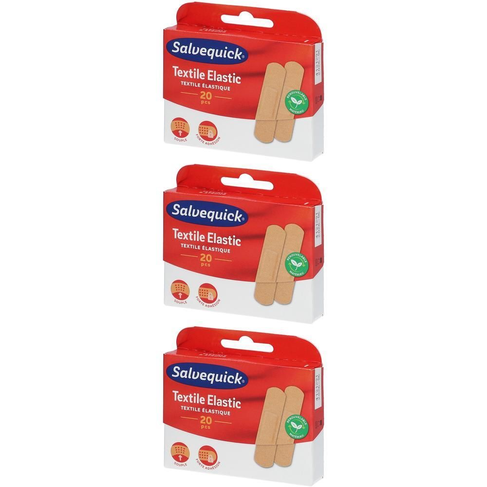 Drie pakken Salvequick Textiel Elastisch, 20 pleisters per pak.