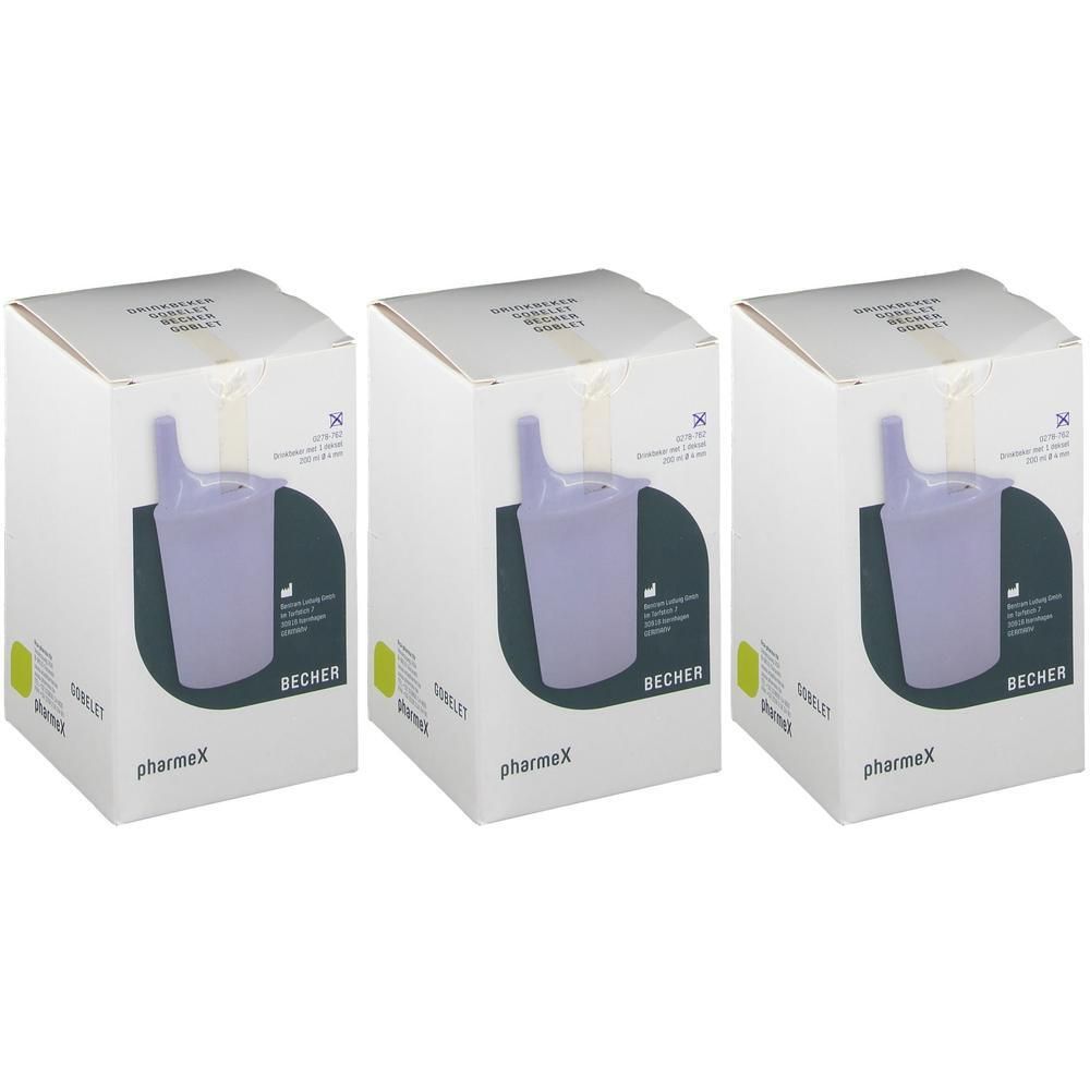 Trois boîtes de gobelets PharmeX en nylon, violet, avec bec verseur.