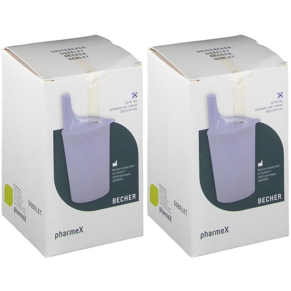 Deux gobelets avec couvercle et bec verseur, lilas, marque pharmex.