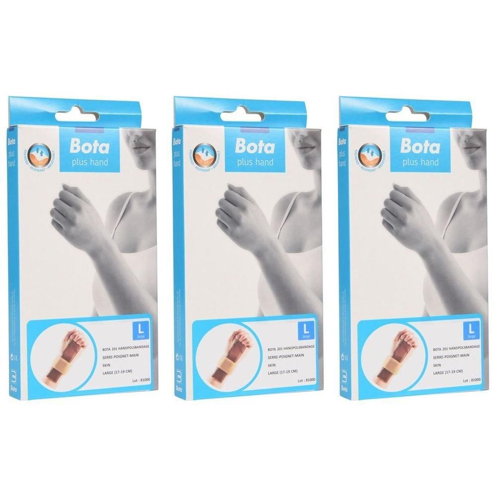 Drie verpakkingen Bota polsbandage, maat L. De bandage is beige met klittenbandsluitingen.