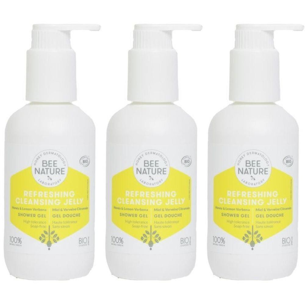 Trois flacons pompe blancs avec étiquette jaune, Gel Nettoyant Rafraîchissant Bee Nature.