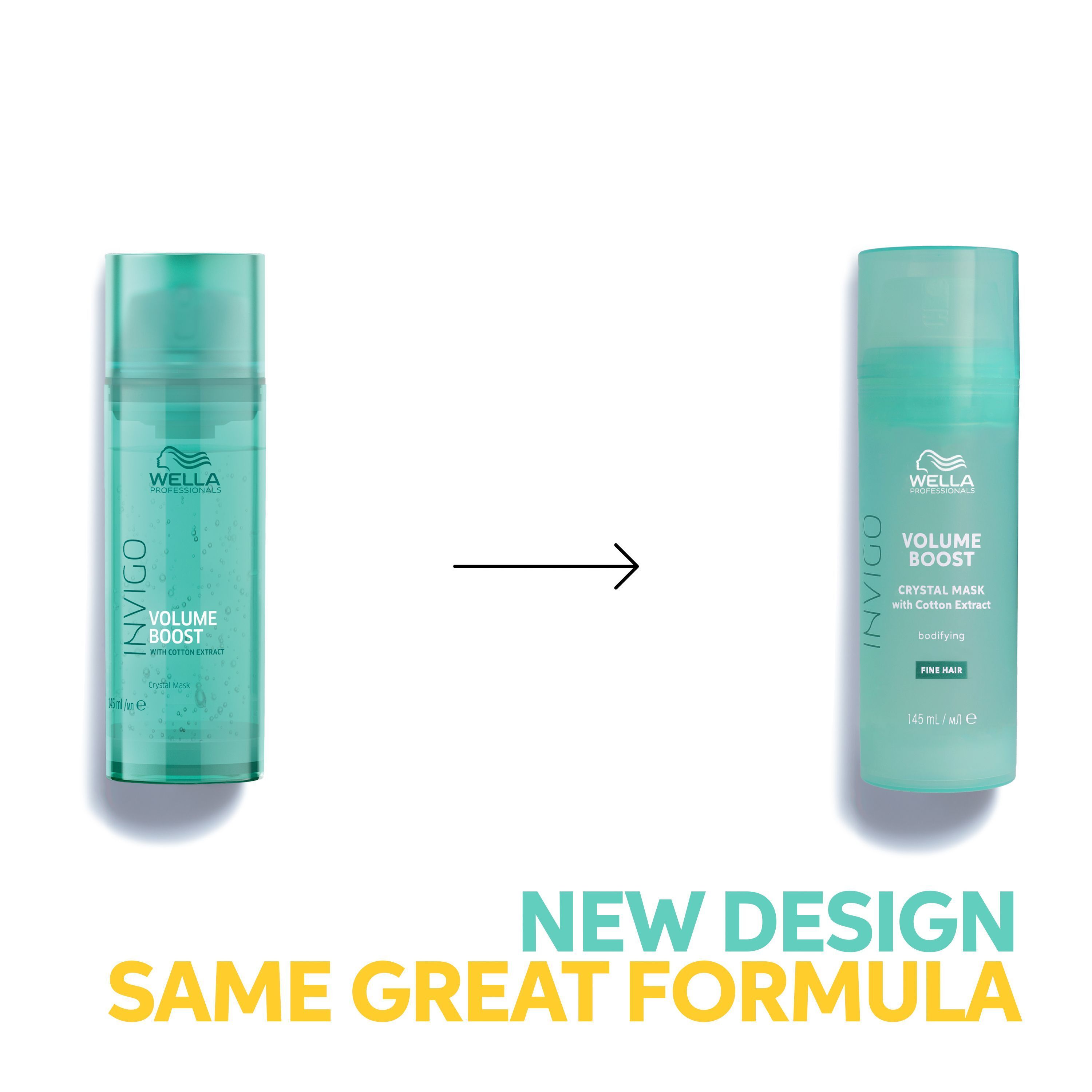 Wella Professionals Invigo Volume Boost Crystal Mask, ancien et nouveau design côte à côte.