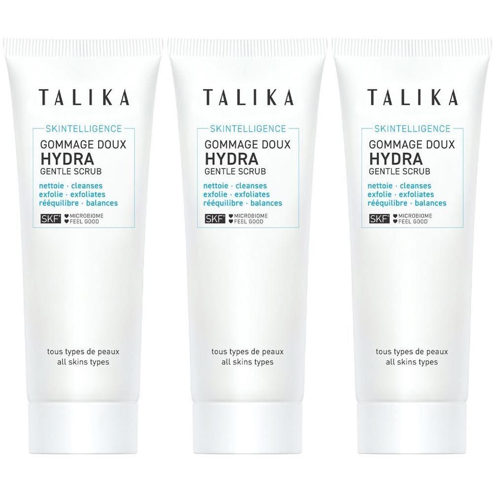 Trois tubes blancs de Talika Skintelligence Hydra Gommage Doux Visage, gommage doux.