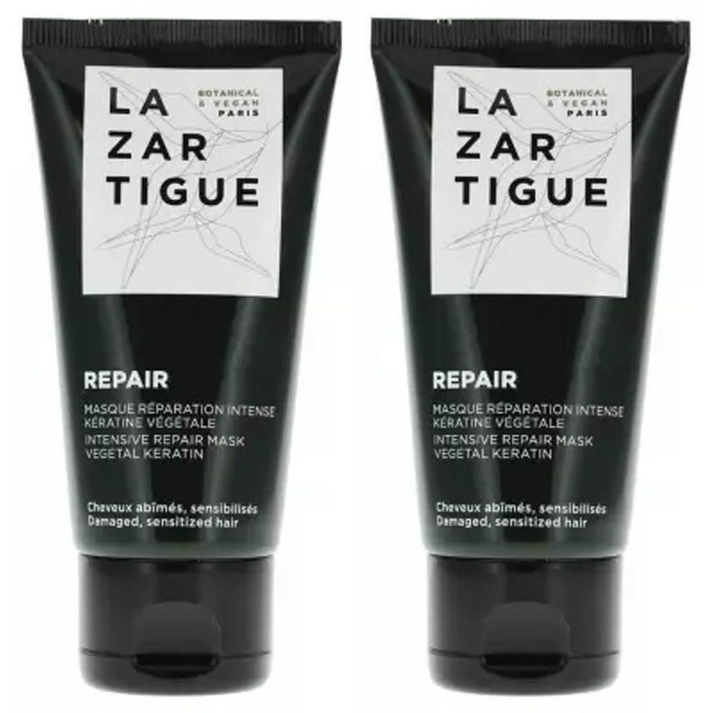 Deux tubes de Masque Réparation Intense Kératine Végétale Lazartigue.