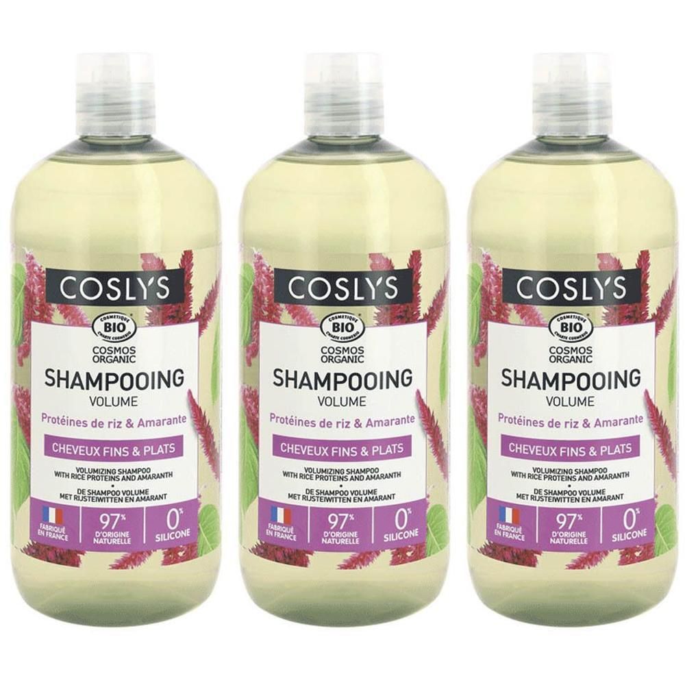 Trois bouteilles de COSLYS Shampooing Volume aux protéines de riz et d'amarante pour cheveux fins et plats. 97% d'ingrédients naturels.
