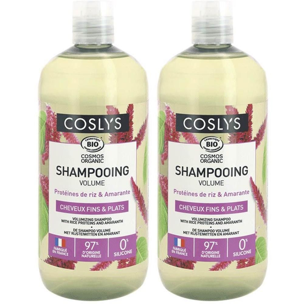 Twee flessen COSLYS volumeshampoo met rijstproteïne en amarant. 97% natuurlijke ingrediënten, 0% siliconen.