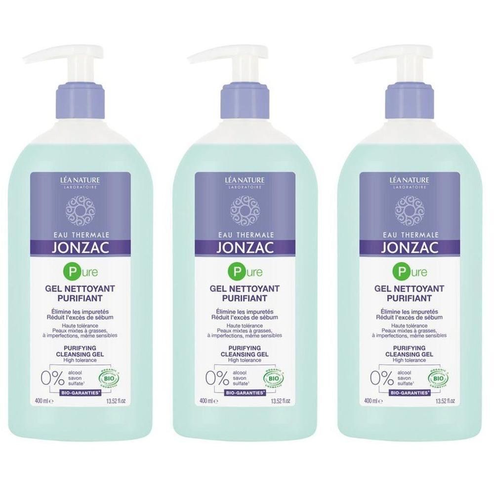 Trois flacons pompe Jonzac Pure Gel Nettoyant Purifiant.