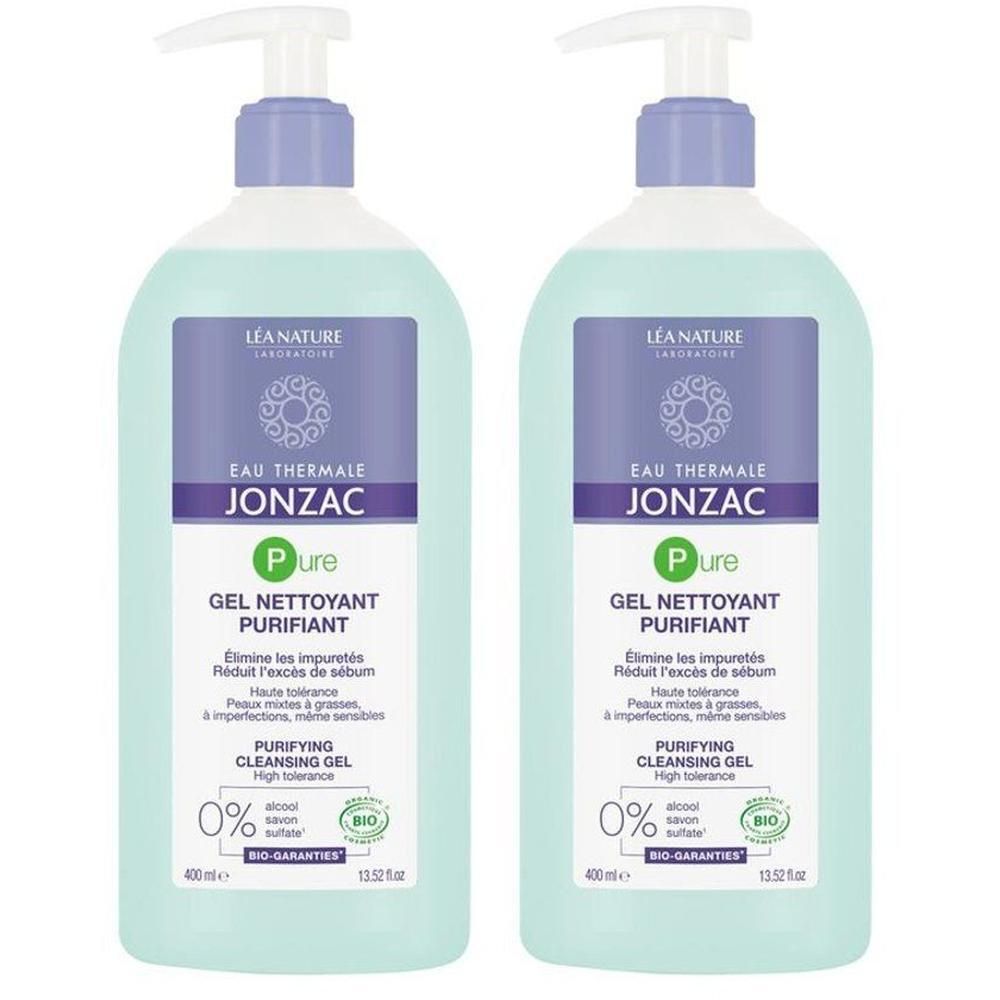 Deux flacons de Jonzac Pure Gel Nettoyant Purifiant avec pompes. Liquide vert clair.