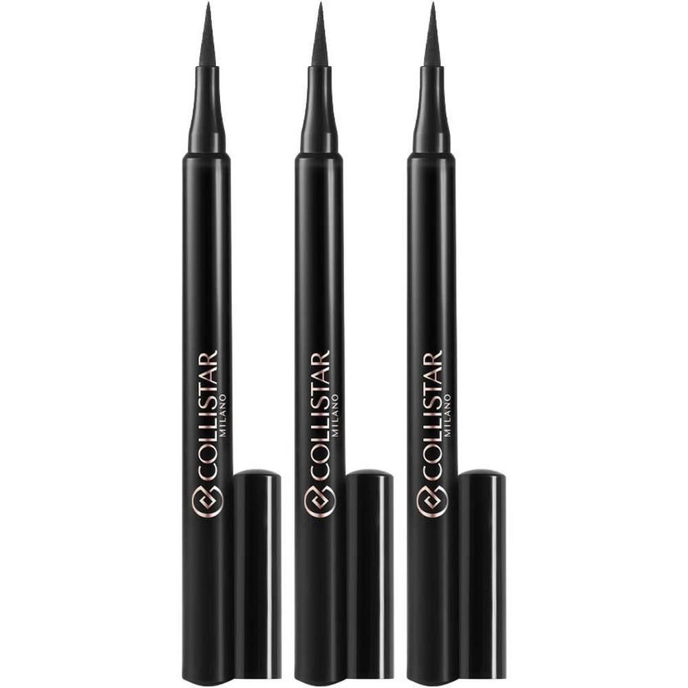 Drie zwarte eyeliners met applicatorpunten en doppen. Collistar Milano logo zichtbaar.
