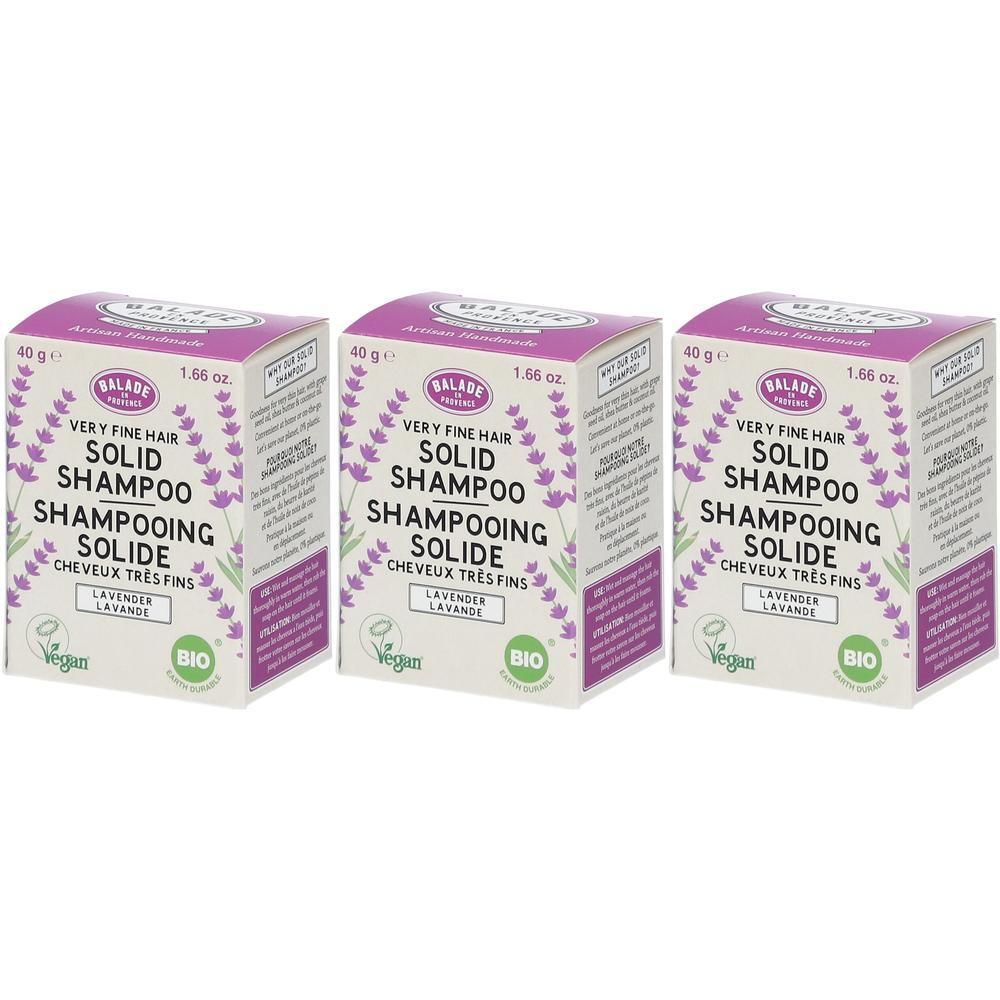 Drie dozen vaste lavendelshampoo voor zeer fijn haar, 40g.