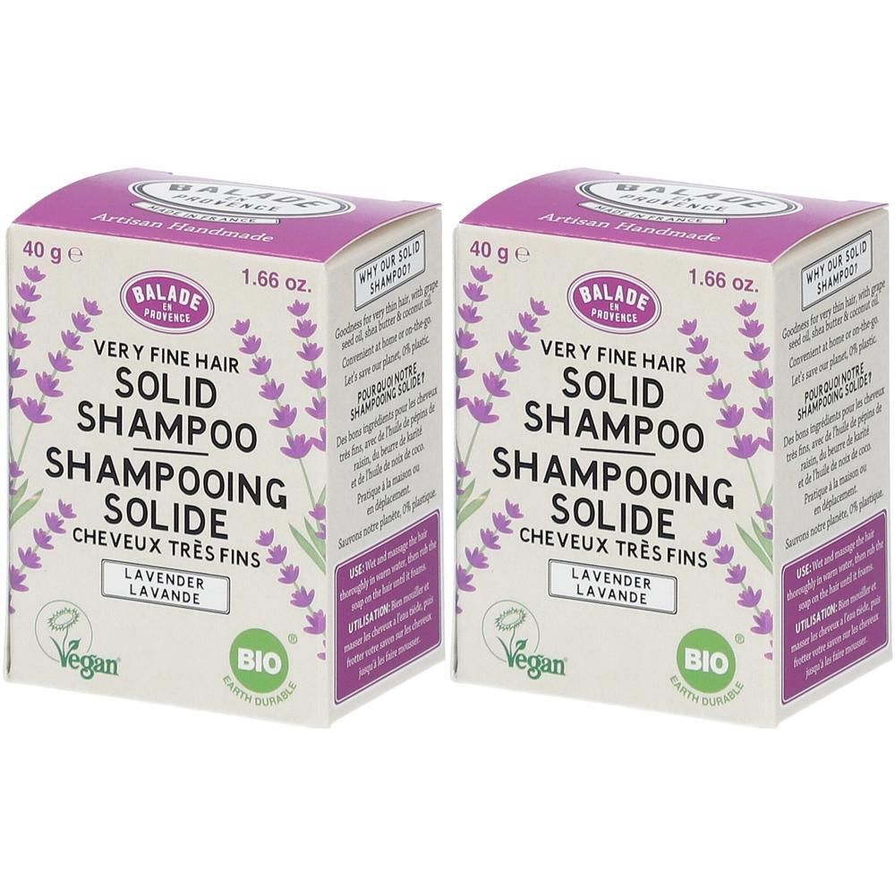 Twee verpakkingen Balade en Provence vaste shampoo voor zeer fijn haar, lavendelgeur.